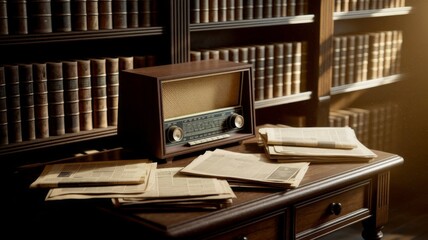 Fototapeta premium Vintage Radio and Newspapers in Classic Library With Warm Retro Atmosphere