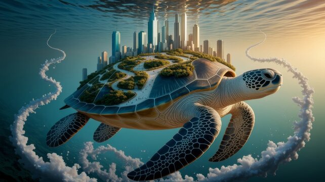 Giant Turtle Carrying Futuristic City in Surreal Desert Landscape