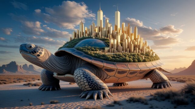 Giant Turtle Carrying Futuristic City in Surreal Desert Landscape