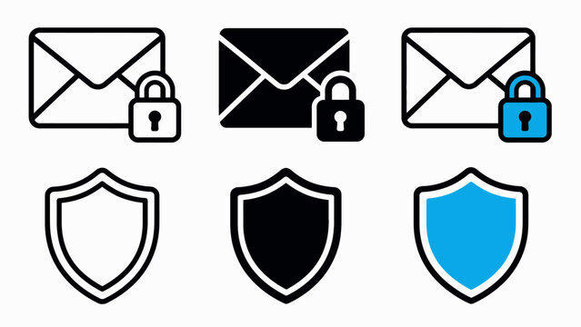 Email security icons: envelopes with locks and shields in black, white and blue varieties