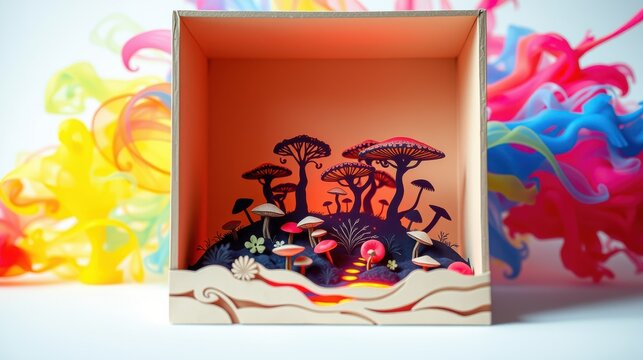 Intricate papercraft scene depicts mushroom forest. Warm light emanates from within box structure, creating cozy ambiance. Colorful smoke surrounds it.