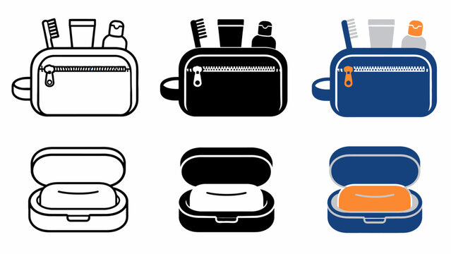 Set of toiletry bags and soap boxes with travel essentials