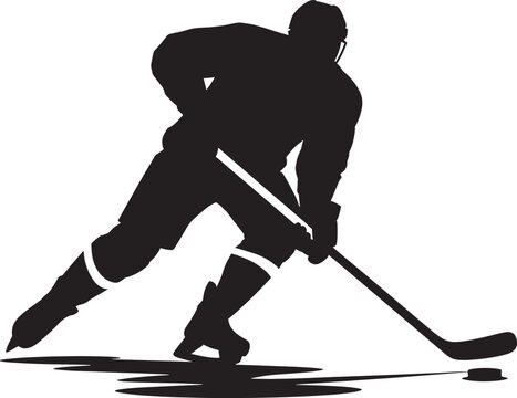 Ice hockey player in action silhouette with stick and puck, sport game competitive motion.