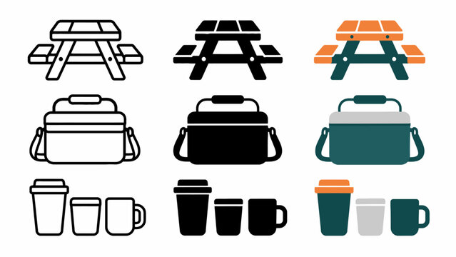 Picnic table and lunchbox icons with colorful drink designs
