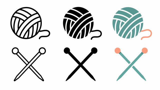 Colorful yarn balls and knitting needles icons in various styles