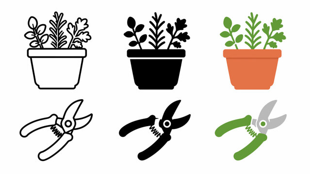Herb plant pot and pruning shears icons in various styles and colors