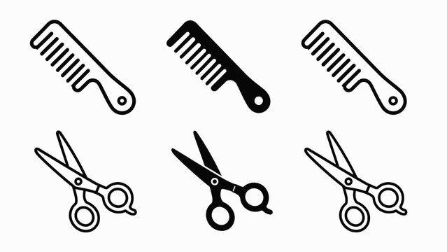 Set of comb and scissors icons in various styles