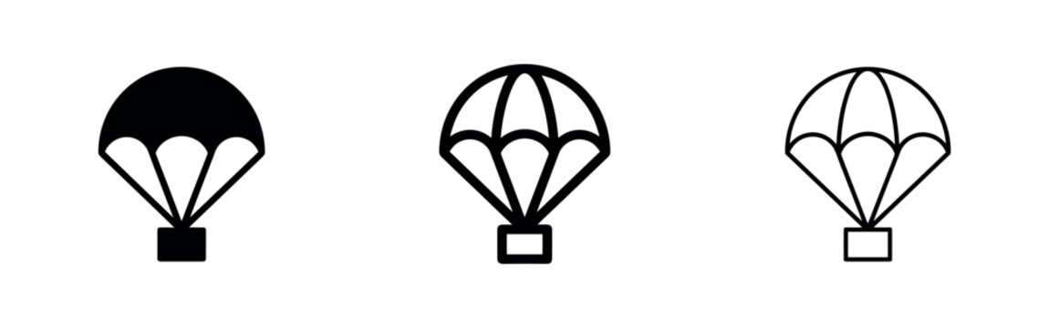 Parachute icon set, symbolizing skydiving, adventure, and emergency descent in solid and outline styles.