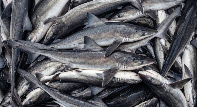 Abundant catch of fresh caught spiny dogfish sharks piled together on a fishing deck showing detailed gray skin textures and sharp fins in a commercial setting