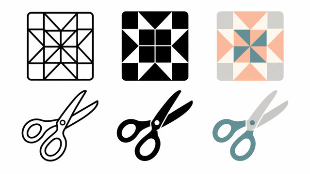 Geometric quilt patterns and scissor icons in various styles