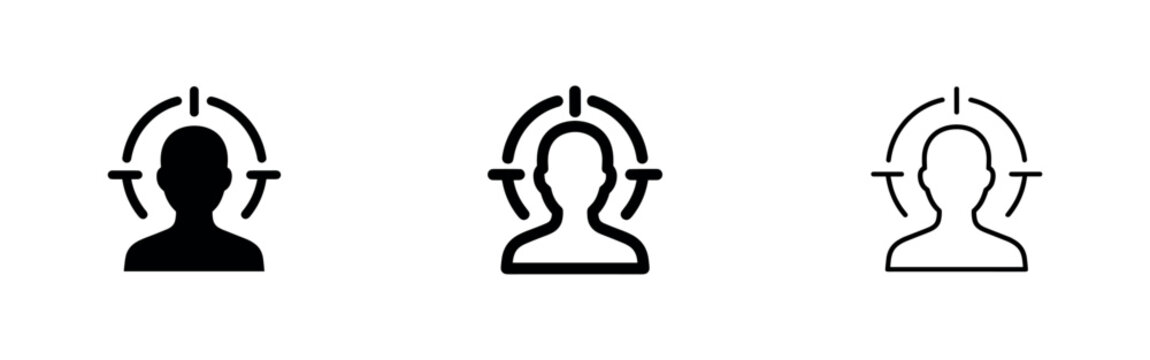 Target audience and customer focus icon set, with a person symbol framed by a target circle.