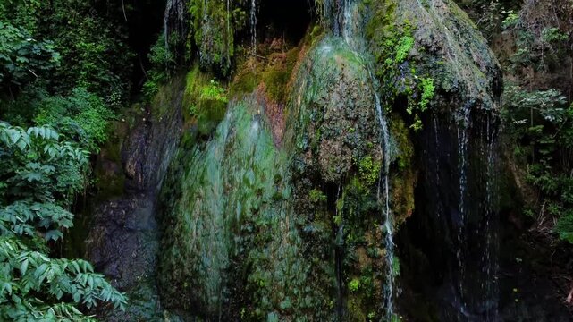 Static shot of moss covered rock waterfall trickling and cascading in forest gorge with lush vegetation