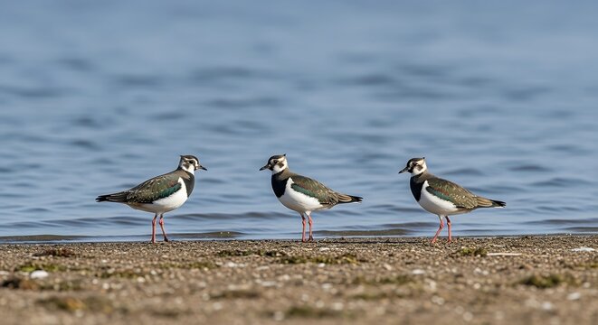 Three northern lapwings standing on a sandy shoreline near blue water