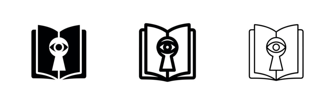 Secret knowledge or hidden truth icon, combining an open book with a keyhole and an eye, for mystery and discovery.
