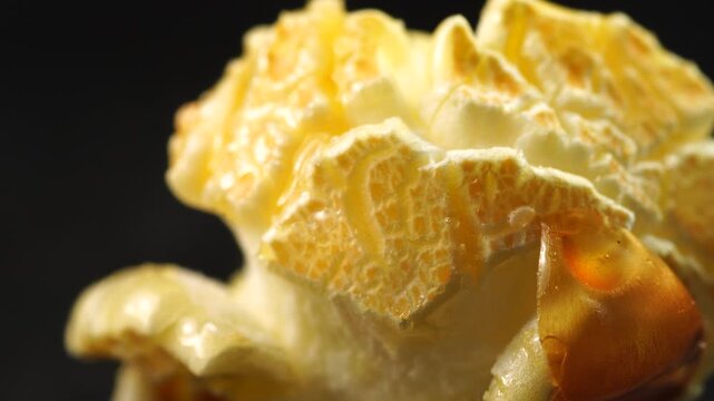 Extreme macro shot of a single caramel popcorn kernel slowly rotating in studio light.