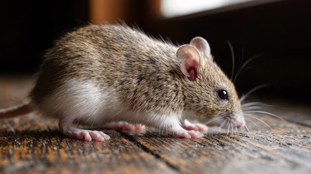 House Mouse Close Up Crawling on Wooden Floor Indoors, Rodent Pest Risk Concept