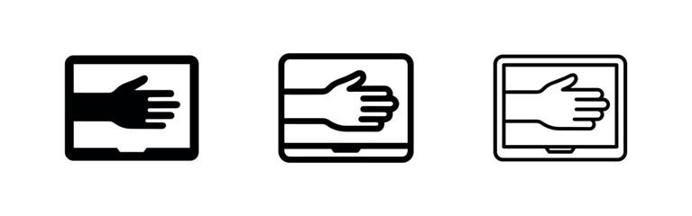 Obraz premium Digital Interaction Icon Set. Hand Reaching Out from Tablet Screen Symbol. Technology and Assistance.