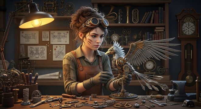 Steampunk inventor meticulously crafts a mechanical bird with intricate gears and tools