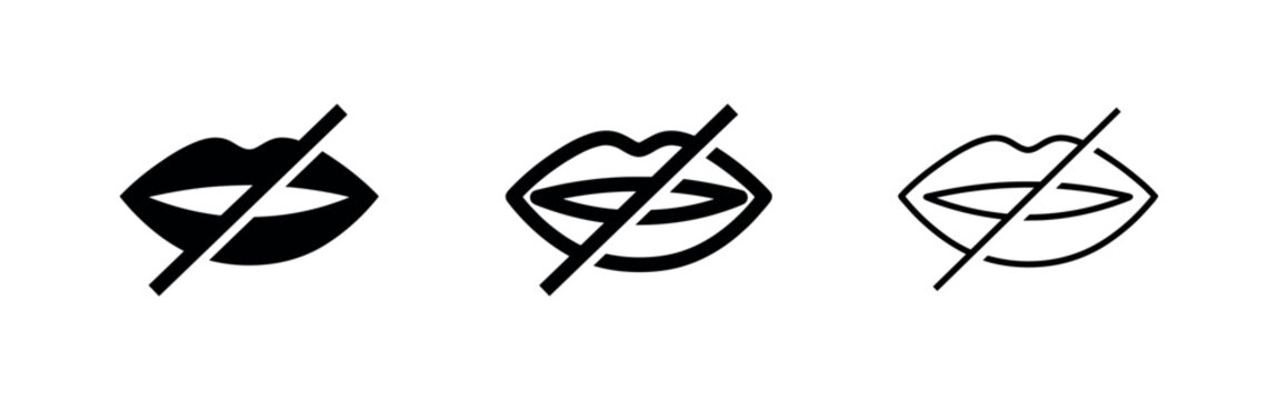 Silence Mute Icon Set. Lips with Diagonal Line Symbol. No Talking or Censorship.