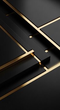 Abstract Geometric Gold Lines on Black Background.