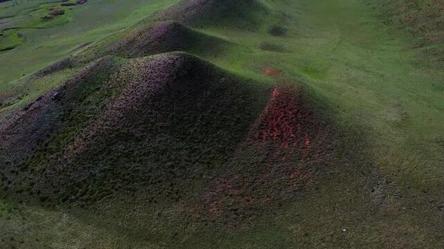 Aerial tracking shot of rolling green hills with red wildflowers across open grassland plateau and distant valleys