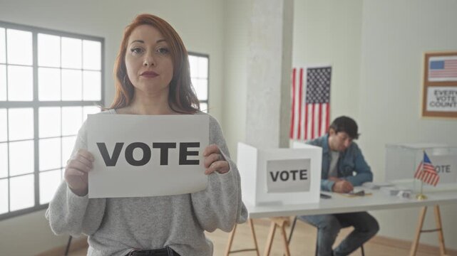 Woman holding paper sign reading vote in pollingstation, man at table registers voters beside ballot box and us flag visible; civic determination.