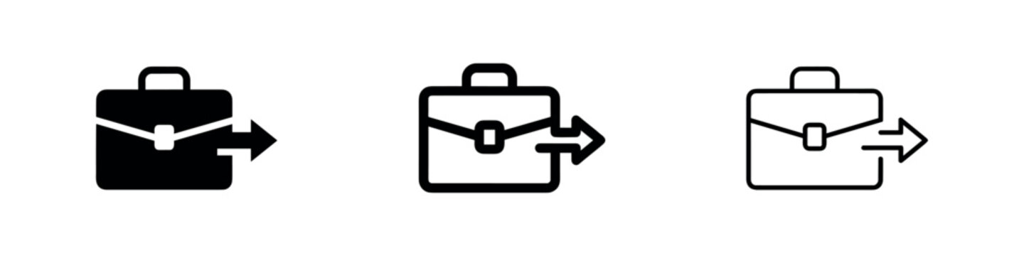 Briefcase with outgoing arrow icons: solid black, detailed outline, and simple outline on white background
