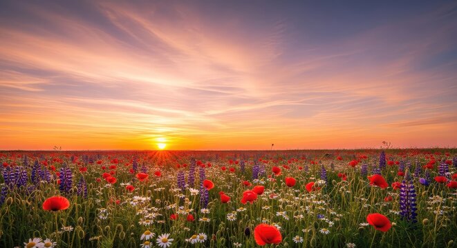 Hermoso campo de flores silvestres bajo la c&aacute;lida luz del atardecer con cielo naranja y nubes suaves, creando una atm&oacute;sfera de paz natural, vida, ocaso, naranja