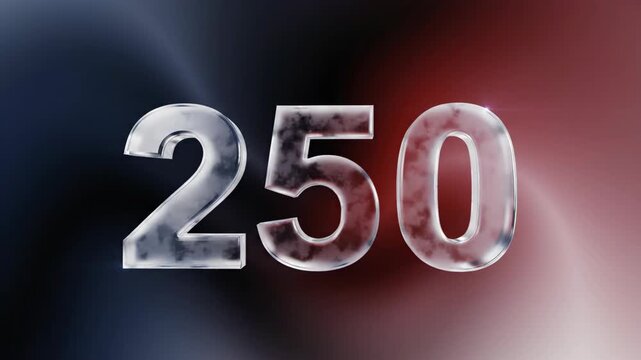 Shining metallic number 250 isolated on background. Three-dimensional glossy digits with reflective surface and lens flare. Abstract design element for graphics.