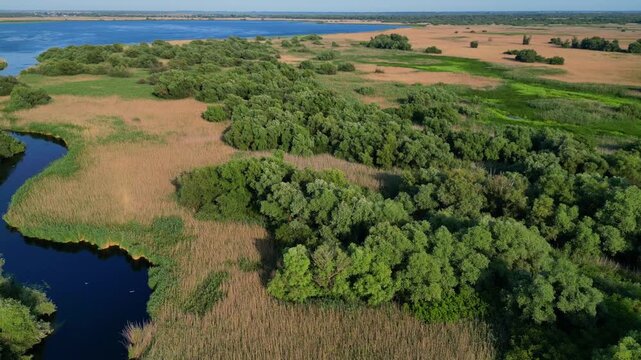 High angle panoramic flyover of the Danube Delta UNESCO biosphere reserve in Romania. Scenic wild landscape with colorful reed vegetation, natural lakes, and winding water channels.