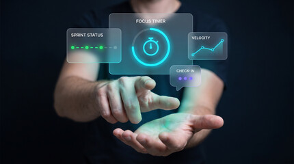 Obraz premium Holographic Focus Timer and Sprint Status Dashboard Hovers Above Open Palm to Display Stopwatch Countdown, Show Velocity Graph, and Track Check-In Progress, Focusing on Time Management