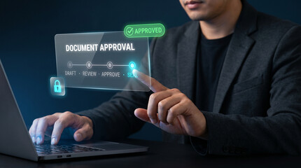 Fototapeta premium Holographic Document Approval Panel Appears Above Laptop to Track Draft Review Stages, Verify Authorization, Confirm Secure Processing, and Finalize Steps, Focusing on Compliance Workflow, Governance