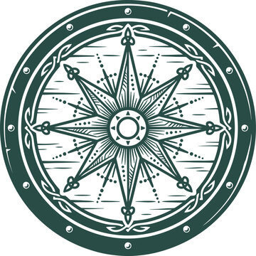 Single color icon round viking shield containing prominent north star symbol representing guidance exploration minimal vector white background illustration
