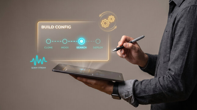 Developer Holds Tablet Showing Build Configuration Pipeline With Clone, Index, Search, and Deploy Stages While Gear Icons Rotate Above, Focusing on Continuous Integration, Build Automation
