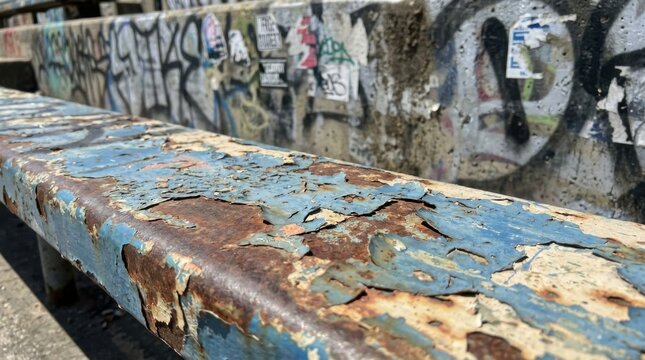 Close-up of weathered blue and beige paint chipping off a corroded metal surface with heavy rust, set against a blurred urban background featuring graffiti and stickers on concrete.