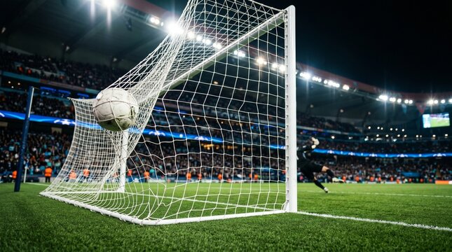 Soccer ball hitting the back of the net during a professional match in a crowded stadium at night
