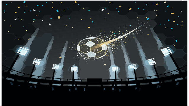 Soccer ball shooting like a comet with golden particle trail across a floodlit stadium at night with falling confetti on dark background &mdash; cinematic style vector illustration.