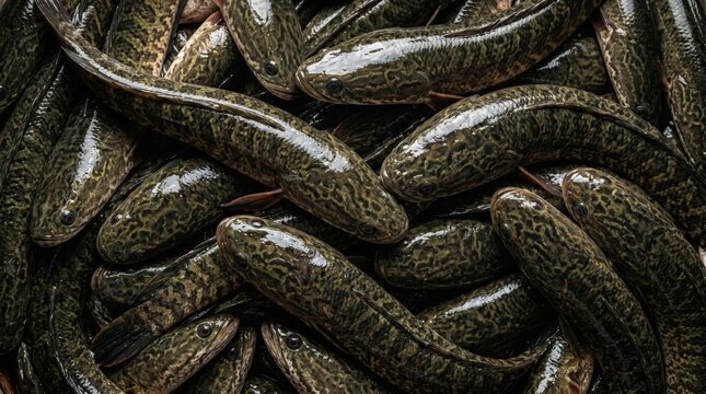 Fresh raw snakehead fish pile stacked together in a market display featuring intricate patterned scales and wet texture for culinary seafood preparation concepts