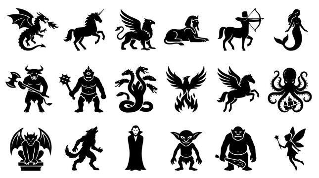 Collection of mythical creatures and legendary animals in black silhouettes