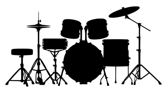 Silhouette of a complete drum set with cymbals and seat