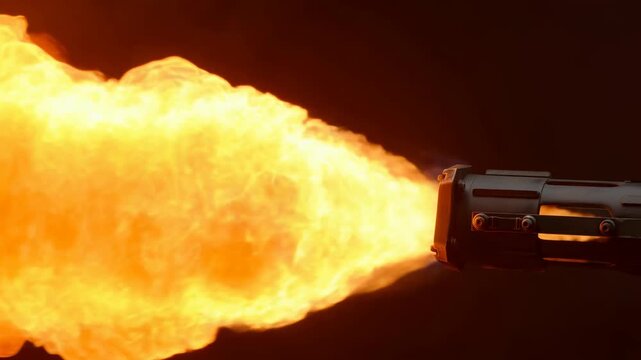 Static shot of flamethrower device firing powerful jet of orange fire and smoke in dark background