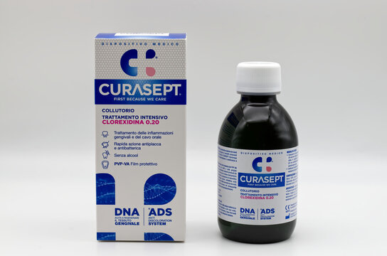 Bologna - Italy - May 2026: Curasept mouthwash intensive treatment with chlorhexidine zero point twenty for gum care and oral hygiene on white background.