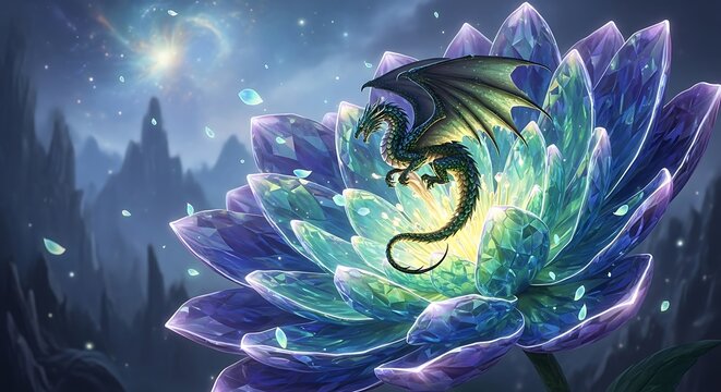 Mystical dragon creature in magical forest setting.