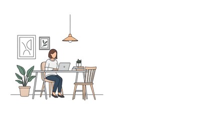 Fototapeta premium Young woman working on laptop at home office desk. Remote work, online education, freelance concept. Modern minimalist interior with plant and lamp. Productivity.