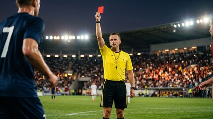 Naklejka premium Professional soccer referee showing a red card to a player during a night match in a crowded stadium
