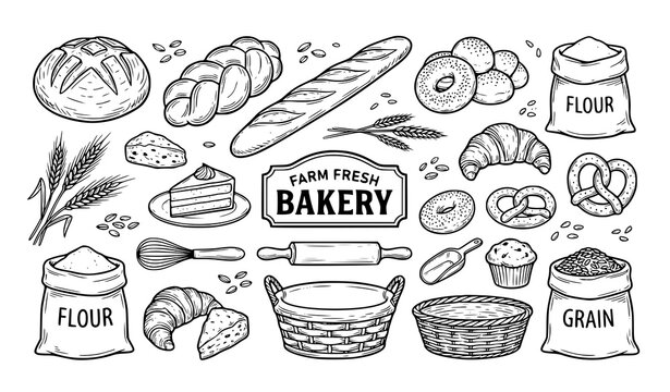 Bakery products sketch vector set with bread bagel wheat and flour illustrations