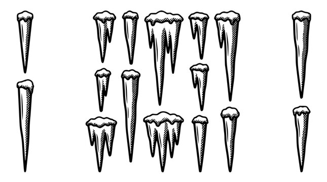Set of black and white icicle illustrations in various shapes
