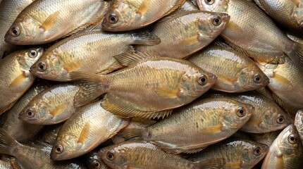 Obraz premium Fresh raw fish piled together creating a pattern of shiny scales and glistening bodies captured in natural overhead lighting for culinary seafood market background