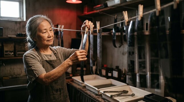 Senior Asian female photographer hanging developed film strips to dry in a traditional darkroom