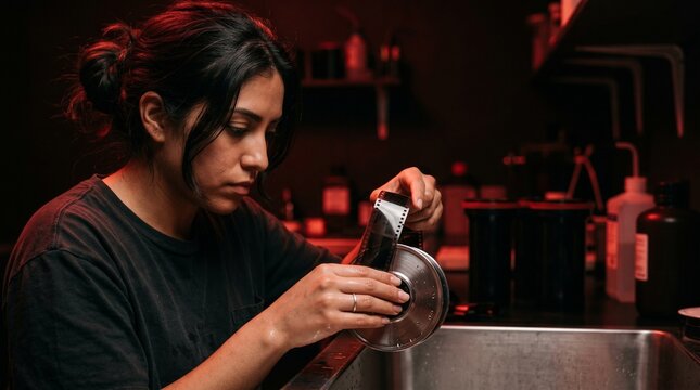Professional photographer working in a darkroom, carefully loading 35mm film onto a developing reel under red light